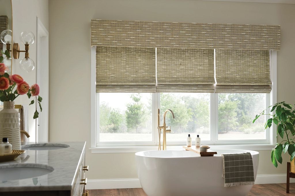 Woven roman shades in elegant bathroom